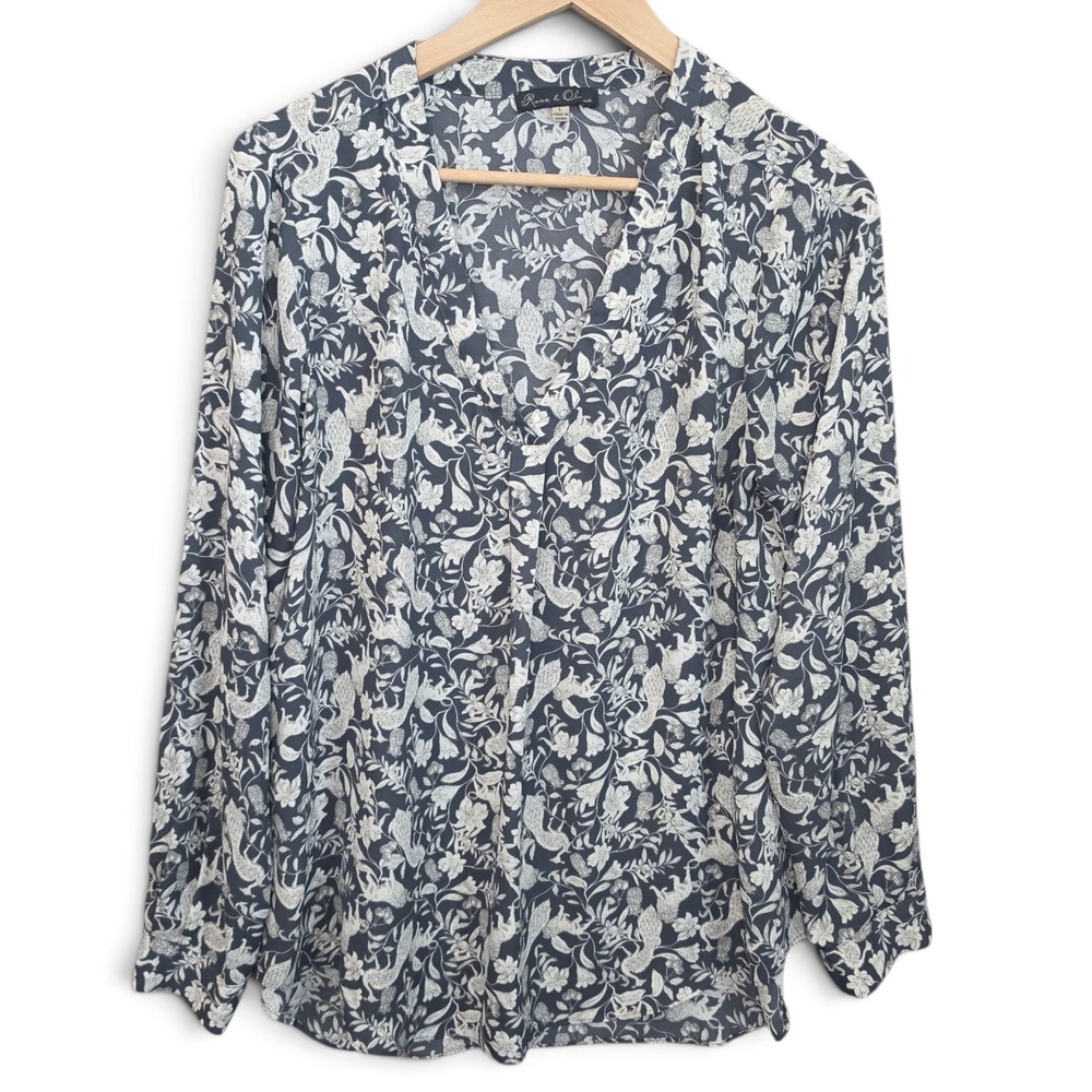 Rose & Olive Womens Top Size Large‎ Gray Floral Print V Neck Blouse Long Sleeve